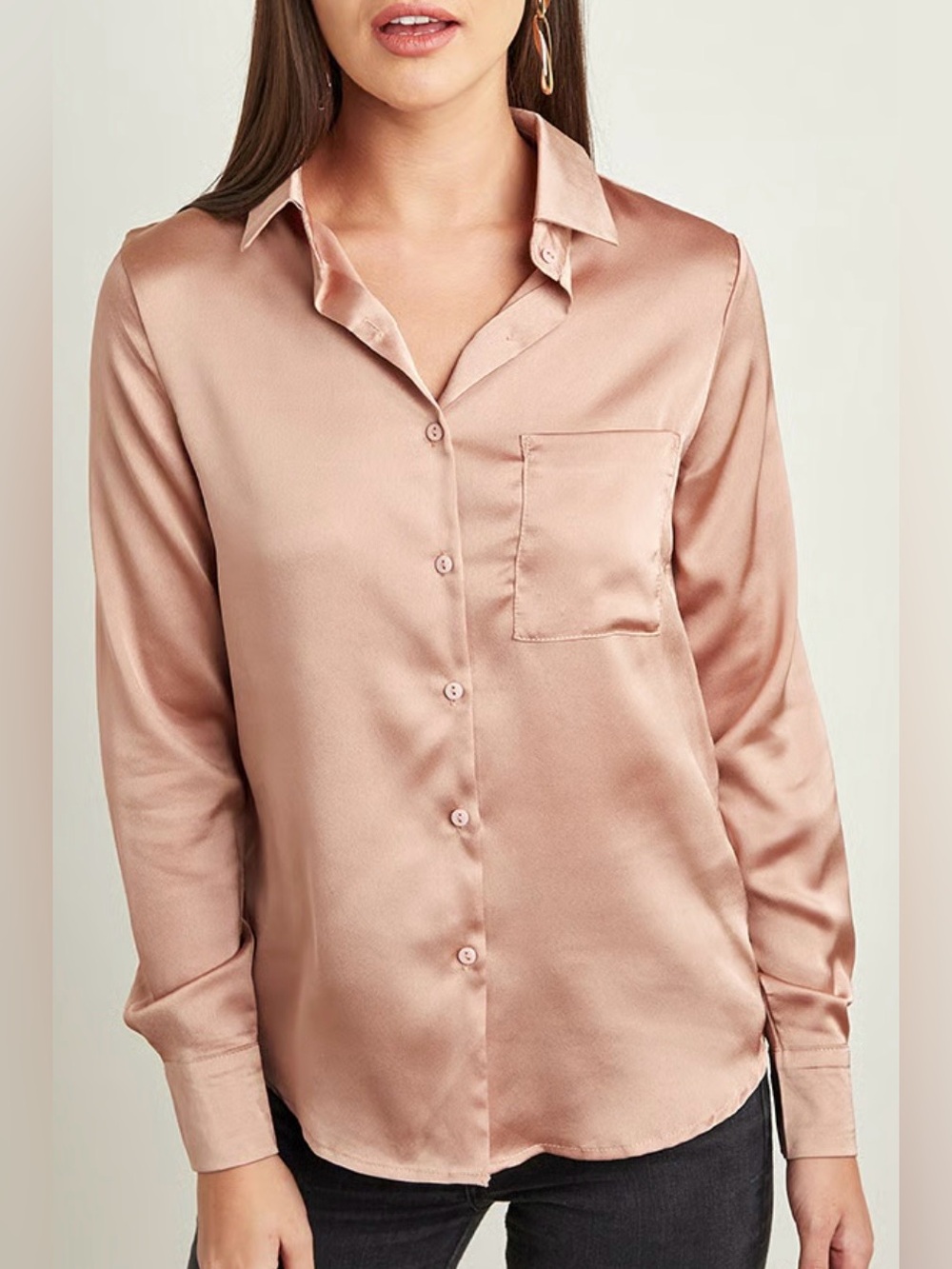 AQUA Satin Button Front Blouse XS Nude Pink BLOOMINGDALES EXCLUSIVE